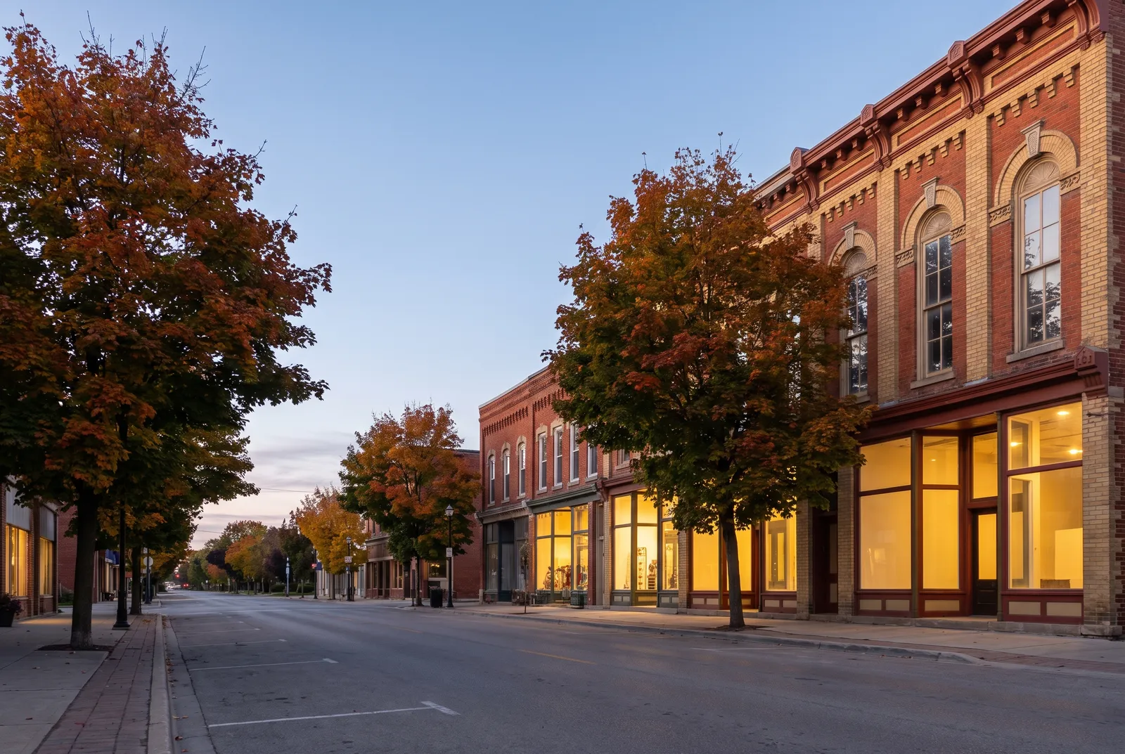 Small-town main street with brick storefronts at dusk