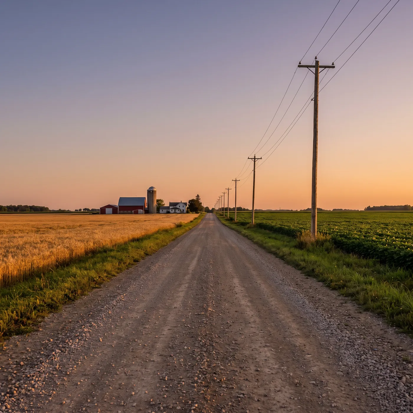 Gravel concession road between wheat and soybean fields