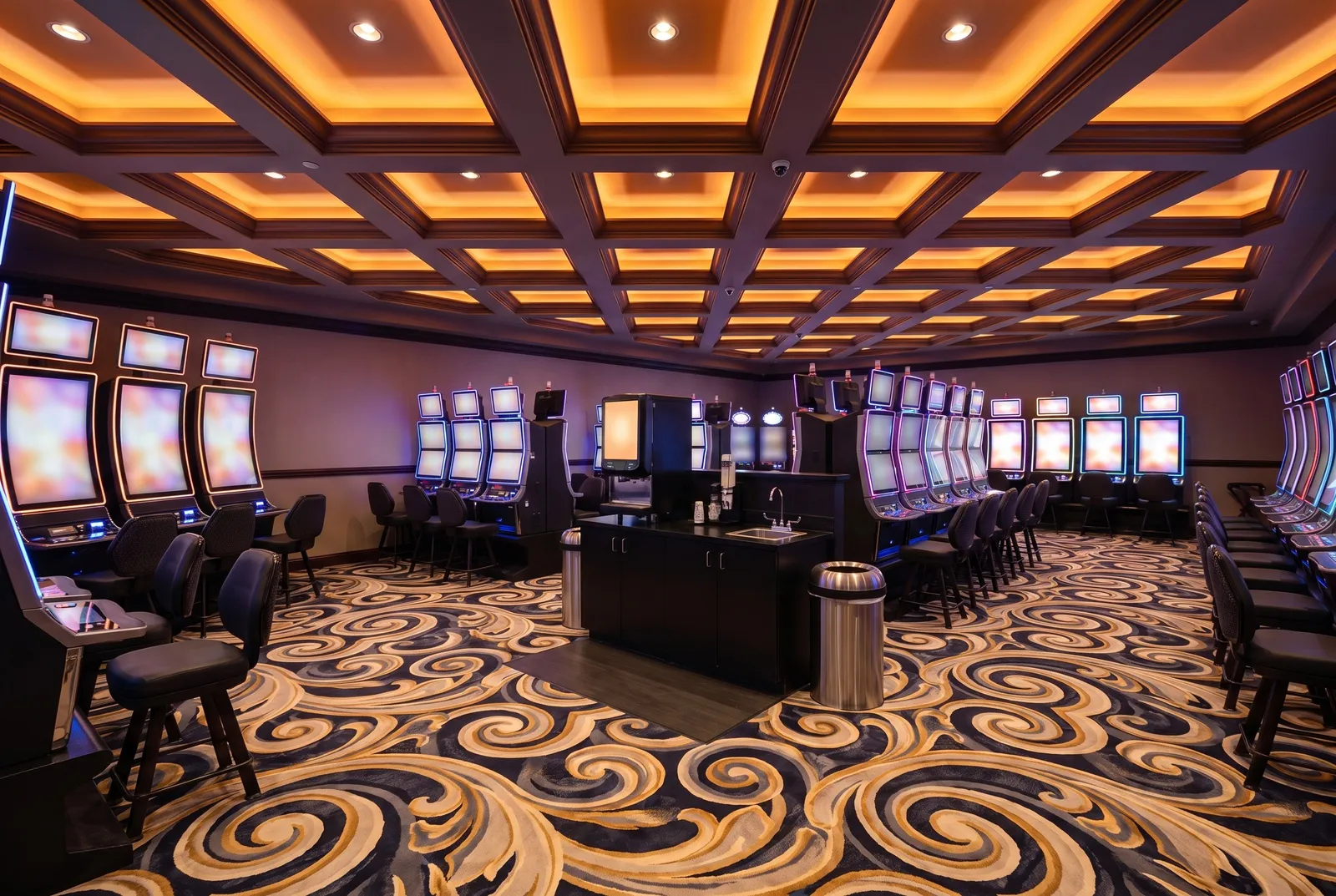 Empty slot room under a coffered amber ceiling